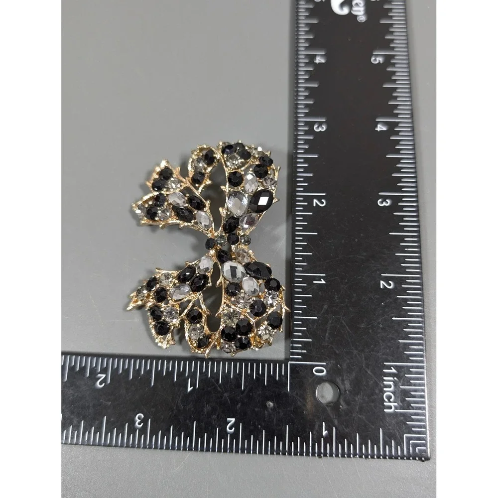 Large Gold Tone‎ Black Gray Rhinestone Bow Brooch Statement Ribbon Pin